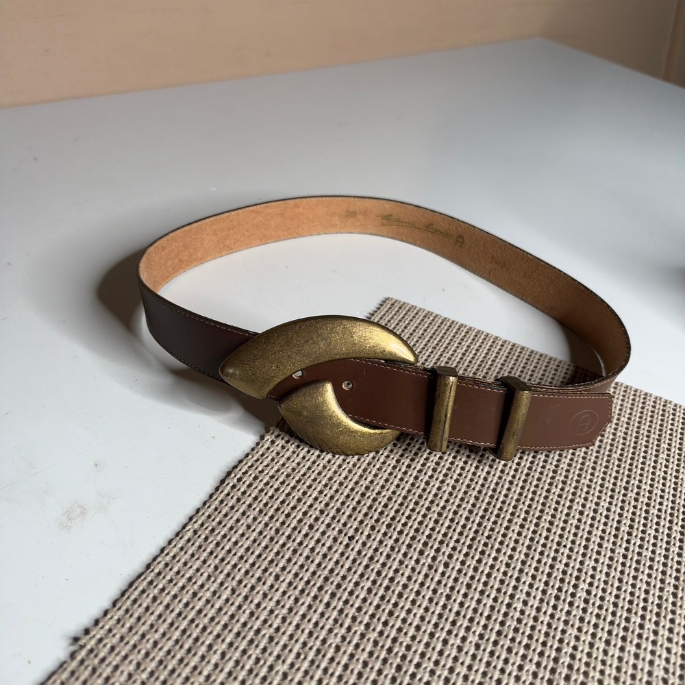Etienne Aigner Vintage Brown Leather Belt Sculptural Brass Buckle 1490 Size 28